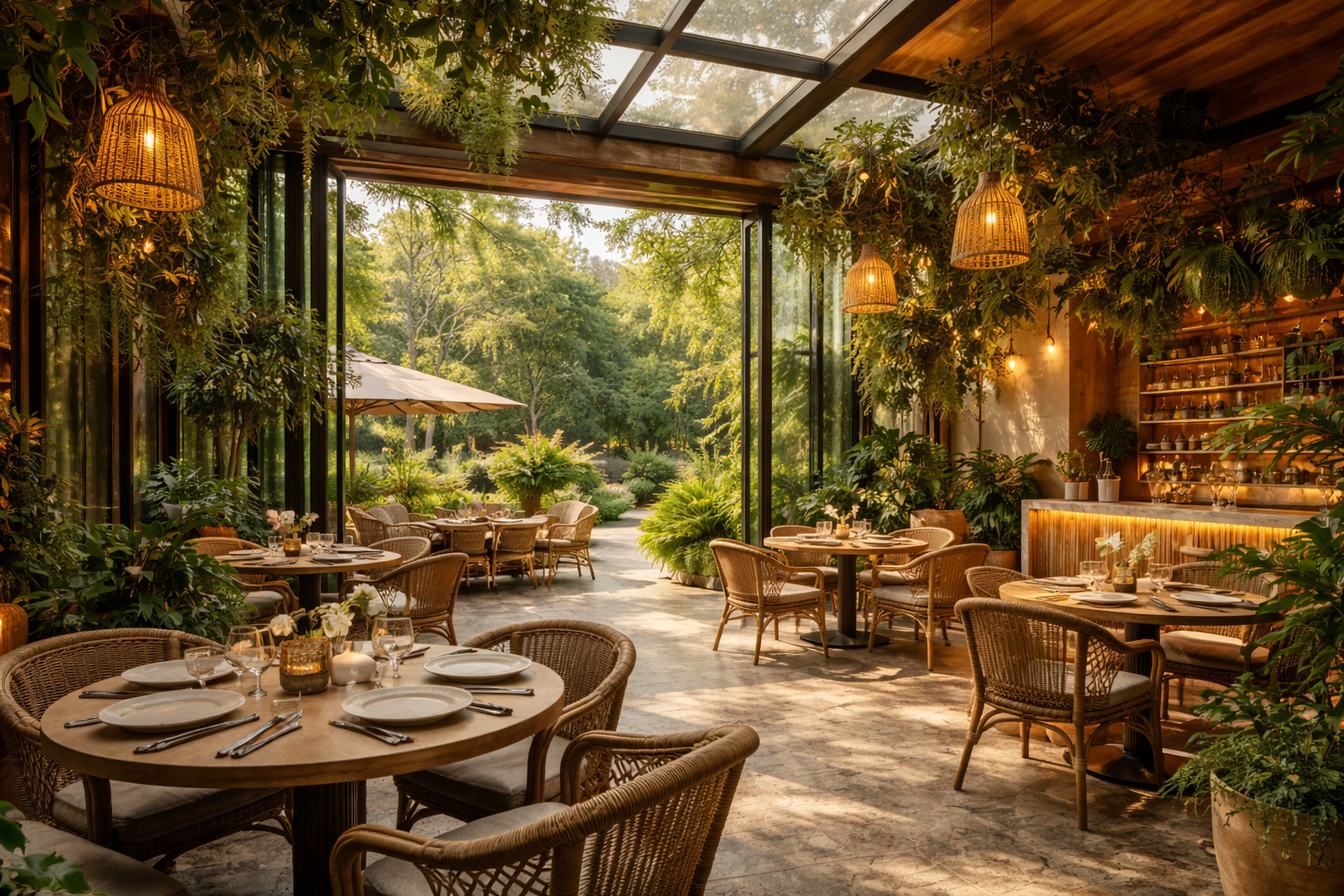 Restaurant intérieur avec décoration en bois, plantes et lumière douce, ouvert sur un jardin avec parasol et mobilier extérieur
