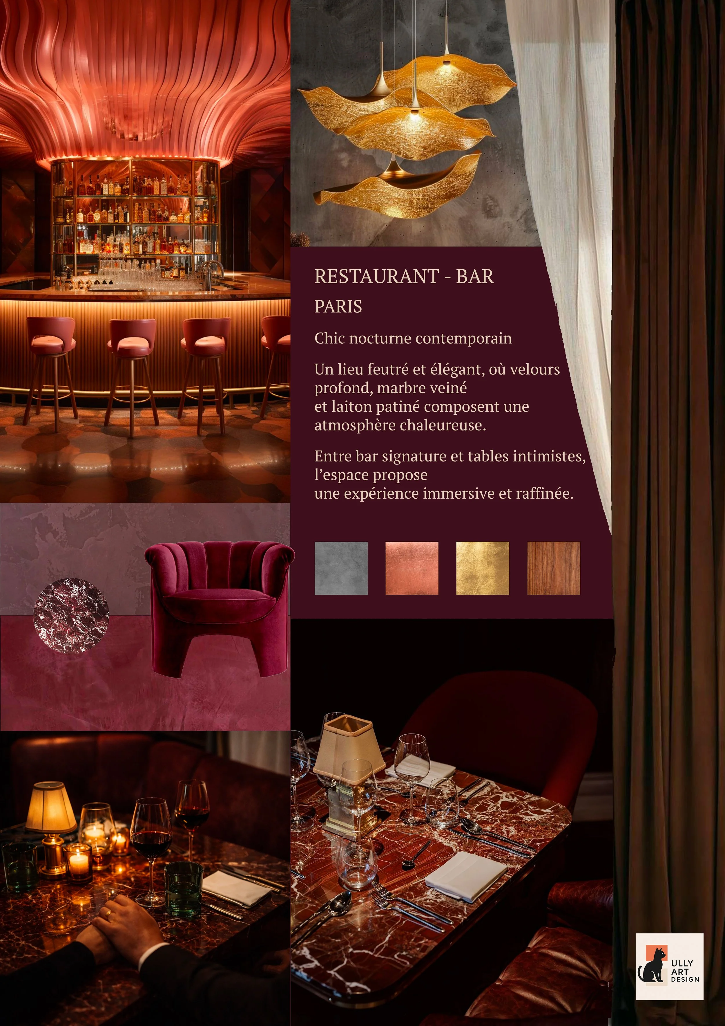 Une affiche promotionnelle pour un restaurant-bar à Paris avec une ambiance chic, contemporaine et chaleureuse, décorée avec des matériaux en marbre veiné, velours profond et laiton patiné. On voit un bar en bois rétroéclairé, une zone avec tables élégantes et éclairage moderne, et un intérieur avec des tissus riches et un éclairage tamisé.