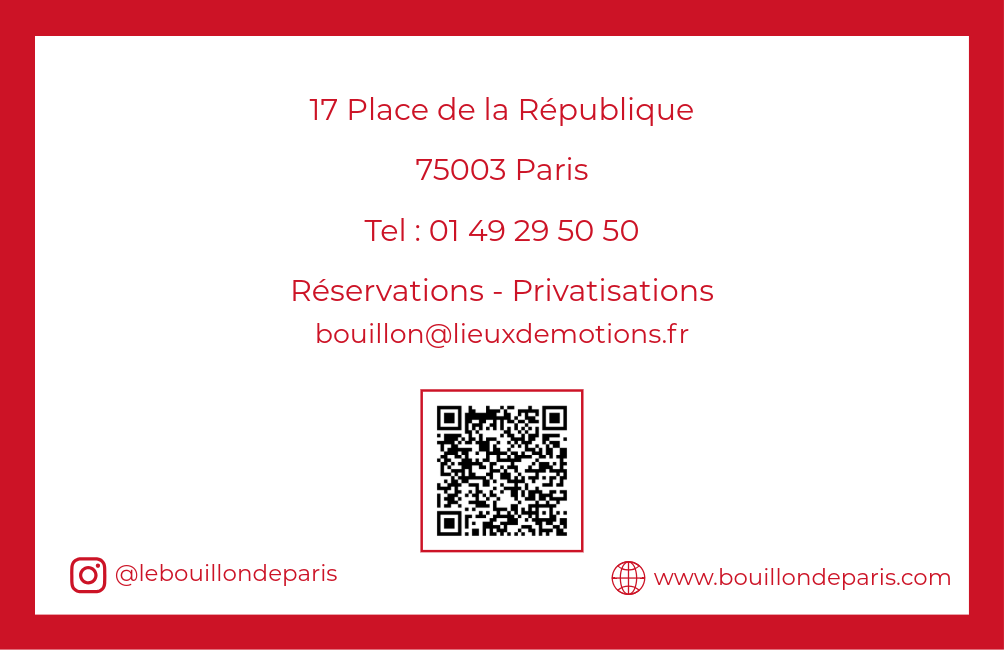 Carte de visite avec adresse, numéro de téléphone, adresse e-mail, indication de réservations, QR code, et logo Instagram et site web, sur fond blanc avec une bordure rouge.