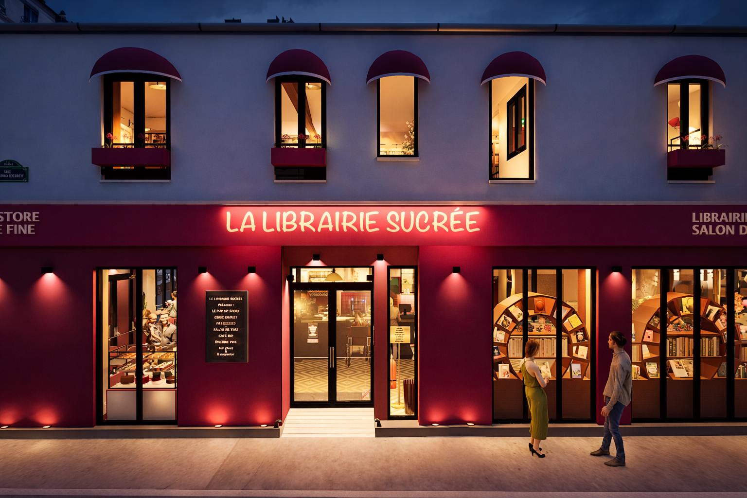 Façade d'une librairie nommée La Librairie Sucrée, avec une enseigne lumineuse rose, fenêtres éclairées, et deux personnes discutant devant la boutique, lors de la soirée.