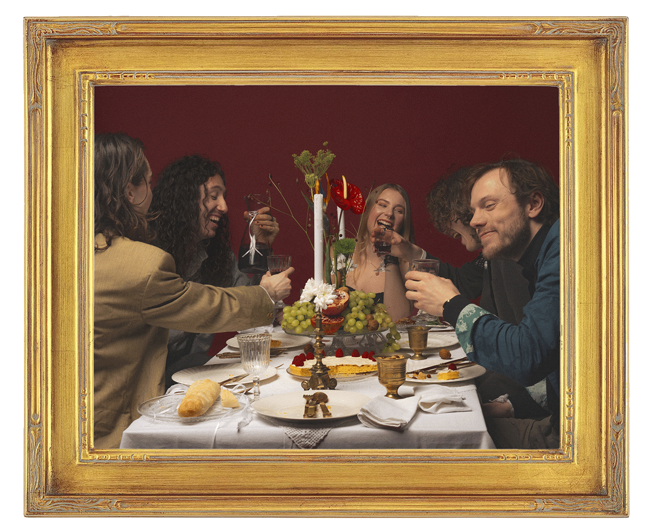 Picture frame, group sitting at table eating