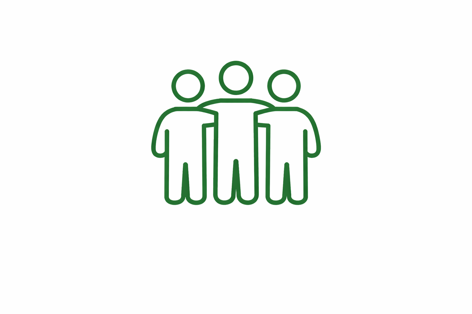 Outline drawing of three people standing close together with their arms around each other's shoulders.