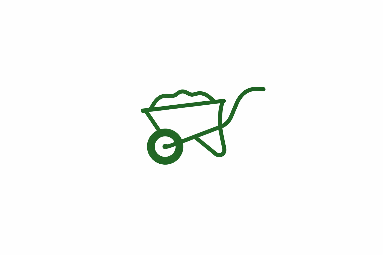 Minimalist green line drawing of a wheelbarrow filled with dirt, set against a white background.