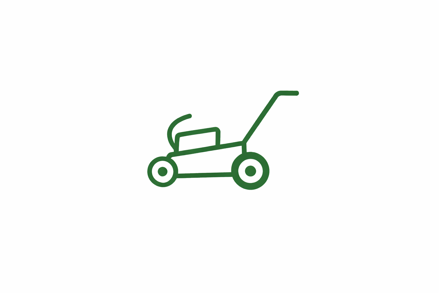 Minimalist green line drawing of a lawnmower with a handle and wheels on a white background.