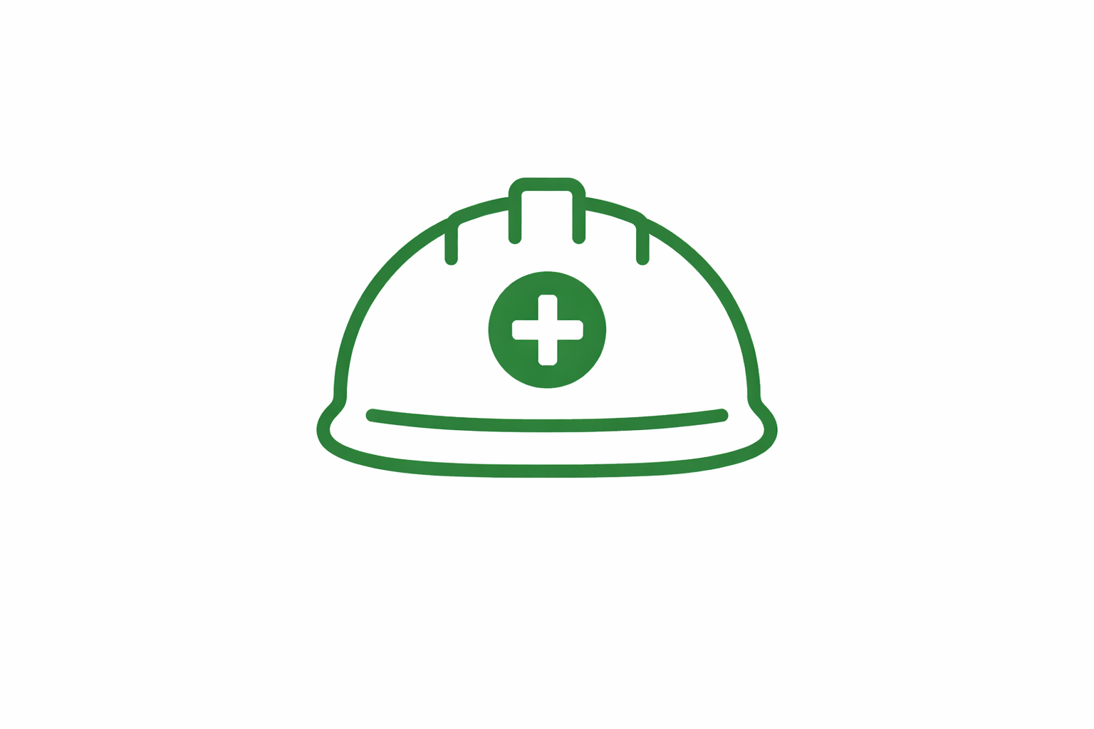 Green safety helmet with a white cross inside a circle on the front, symbolizing first aid or safety gear.