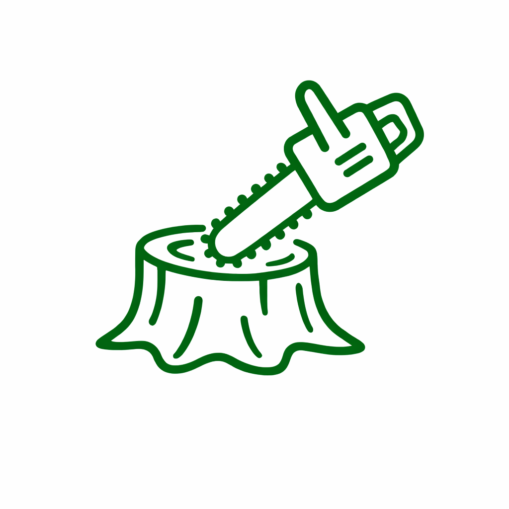 A line drawing of a chainsaw embedded in the stump of a cut tree, with the chain around the top of the stump