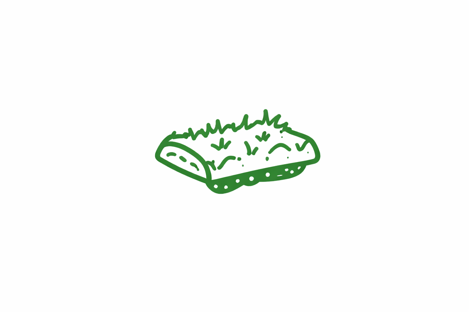 Line drawing of a slice of bread with green spread and herbs.