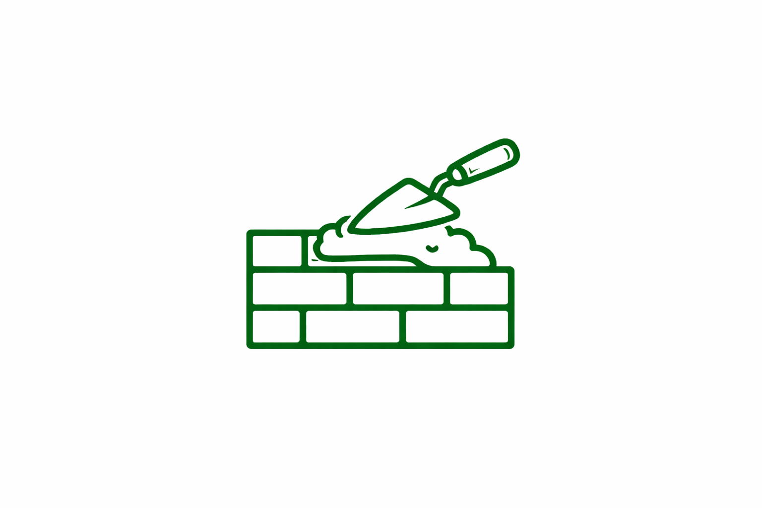 Line drawing of a trowel and mortar on a brick wall.