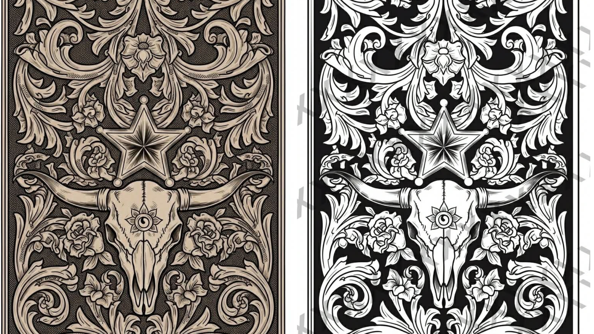 A black-and-white ornate design featuring a cow skull with horns, surrounded by floral and leaf patterns, with a star above it.