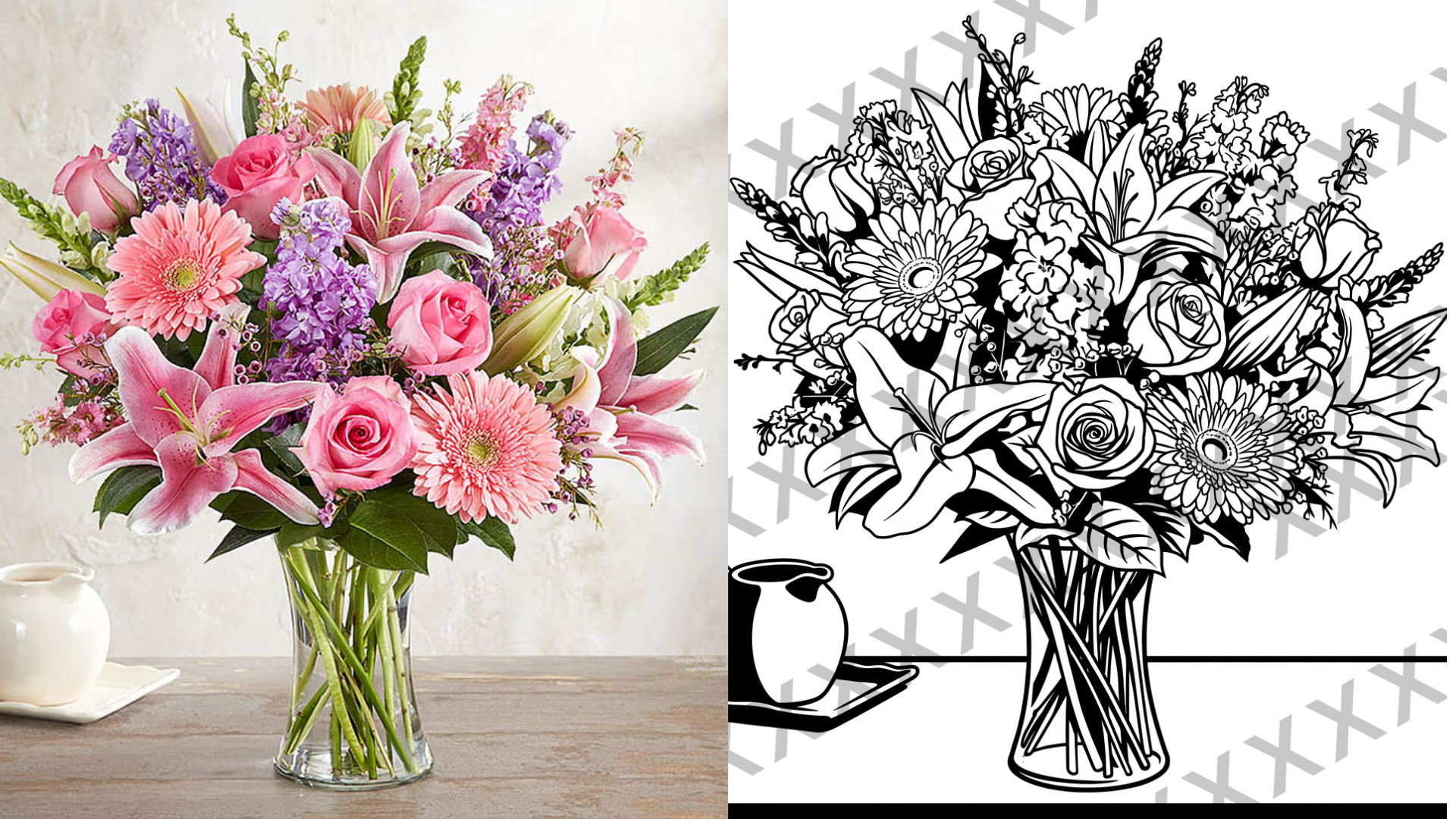 A colorful bouquet of pink lilies, roses, gerbera daisies, and purple flowers in a clear glass vase on a wooden surface with a white wall background.