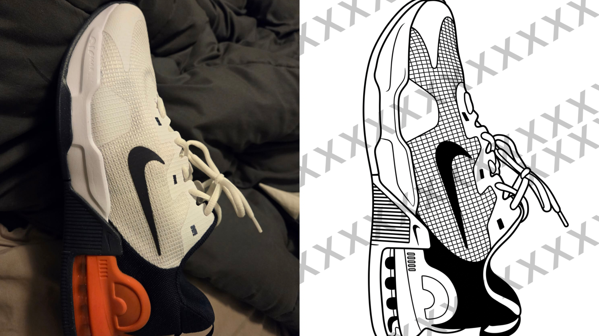 A beige Nike sneaker with black accents and a visible orange air cushion in the sole, placed on a dark fabric surface.