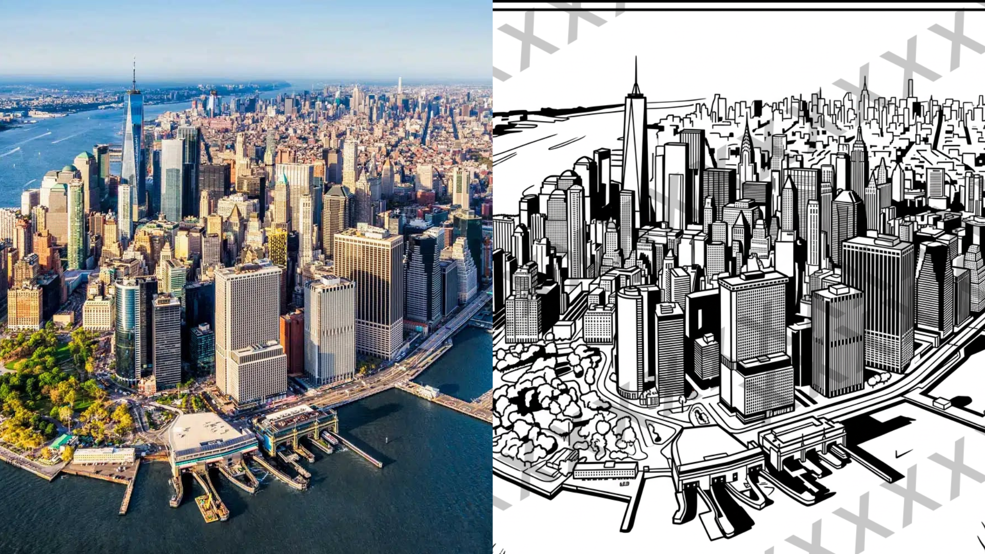 Aerial view of Manhattan, New York City, showing tall skyscrapers, the Brooklyn Bridge, and the East River on the left, contrasted with a black-and-white line drawing of the same cityscape on the right.