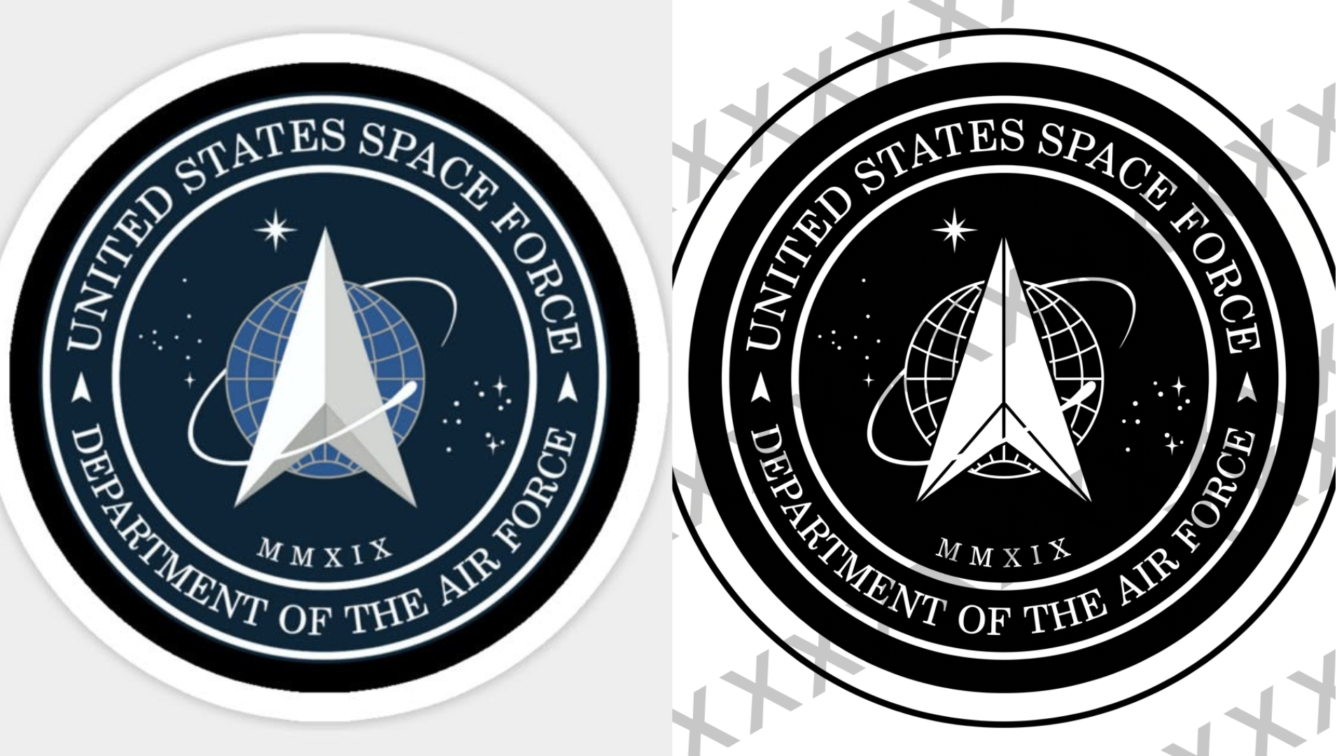 Emblem of the United States Space Force featuring a stylized delta symbol over a globe, stars, and orbital rings, with text around the circle reading 'United States Space Force Department of the Air Force' and 'MMXIX' at the bottom.