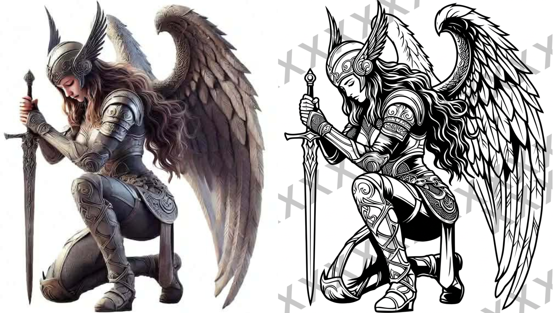 A fantasy illustration of a winged female warrior in detailed armor, kneeling with her head bowed and holding a sword upright, depicted in both a colored and black-and-white line drawing version.