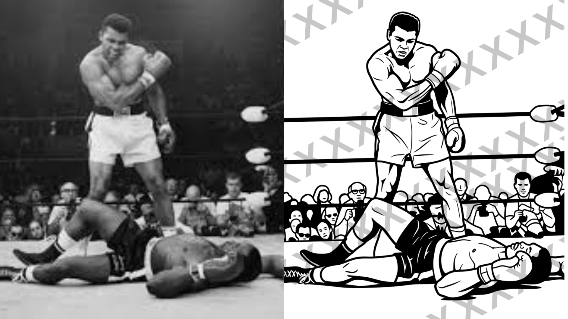 Comparison of a black-and-white photograph and a comic-style illustration of a boxing match. The photograph shows a boxer standing victorious over a fallen opponent in a ring, with an audience in the background. The illustration depicts a similar sce