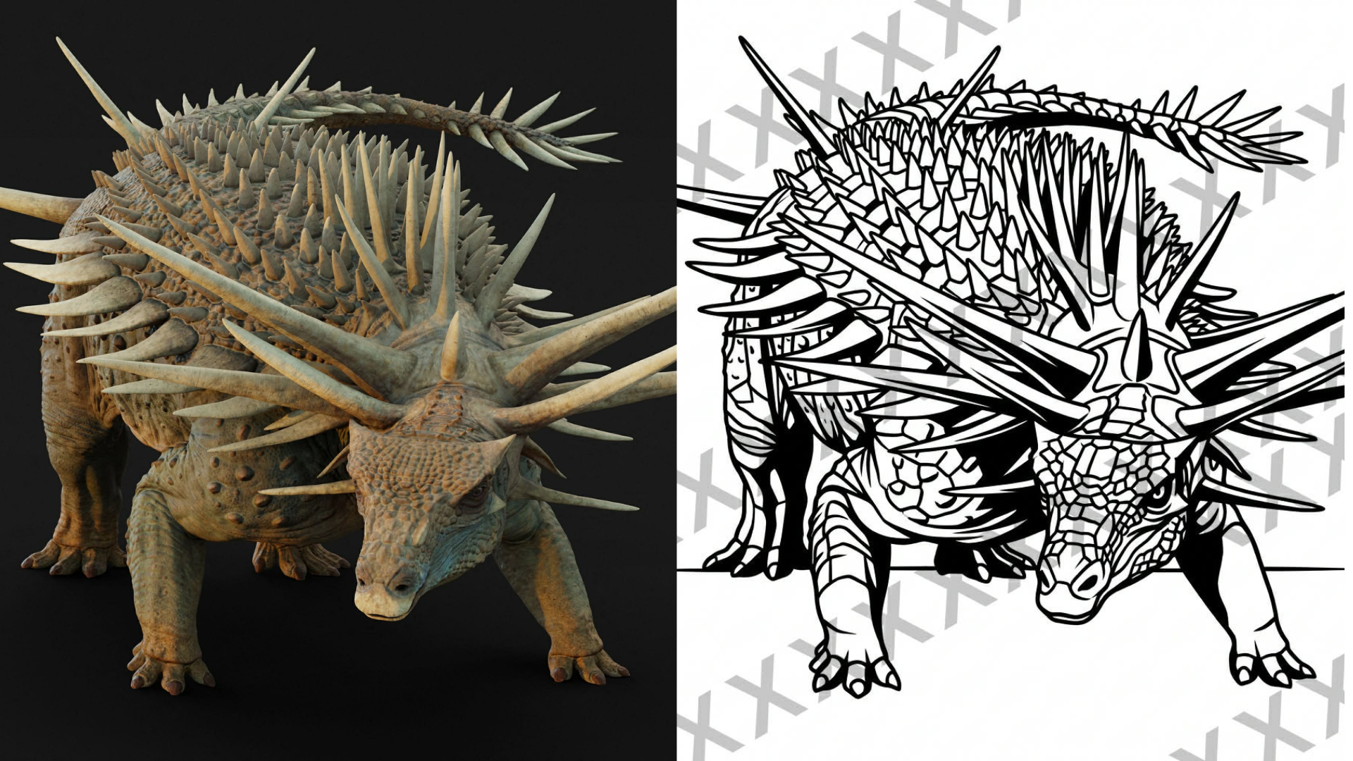 Side-by-side comparison of a color 3D rendering of a spiked, armored prehistoric creature with a black outline drawing of the same creature on a white background.