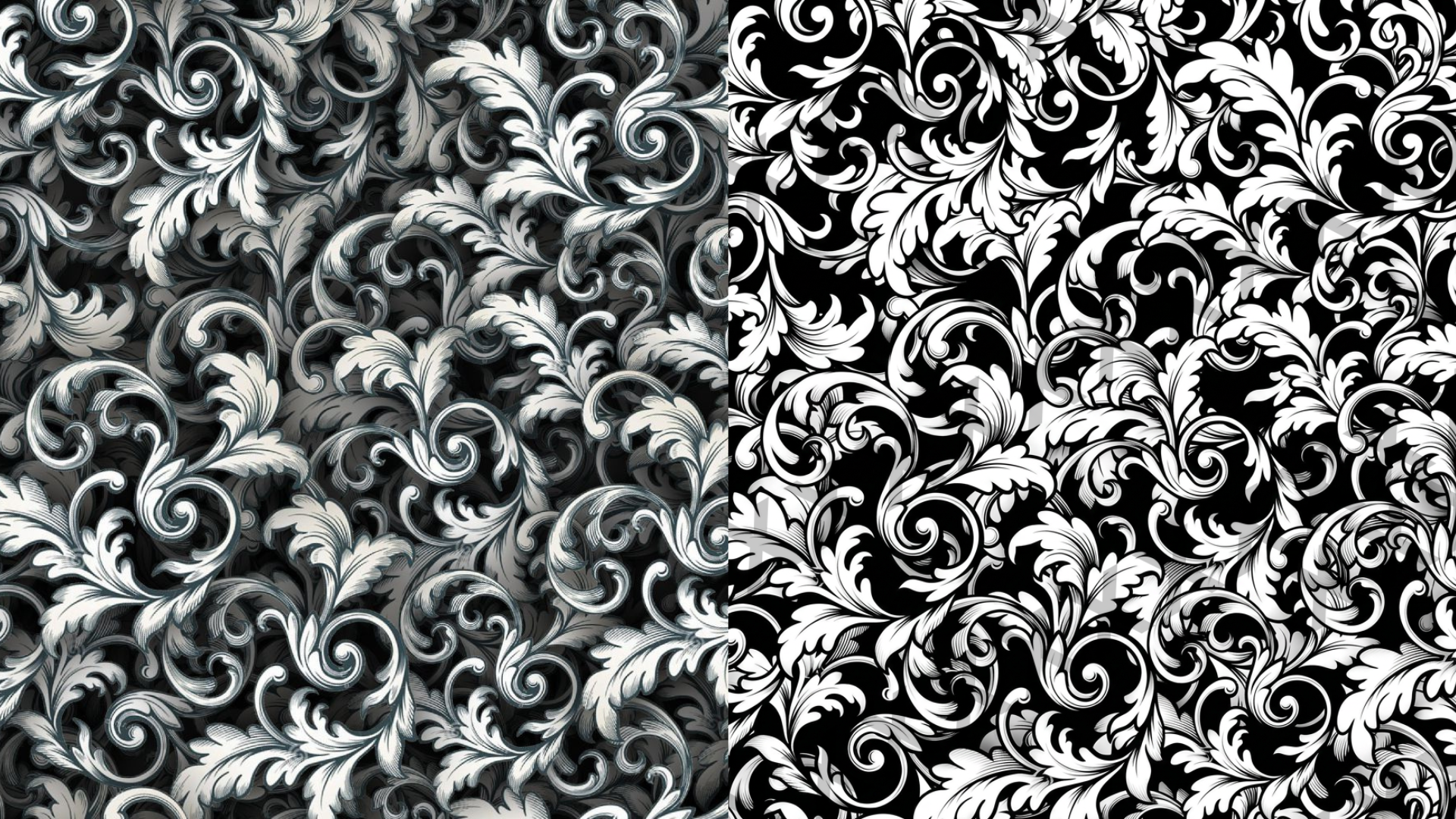 Two ornate floral patterns, one in shades of gray and black on the left, and the other in black and white on the right, featuring swirling leaves and intricate designs.