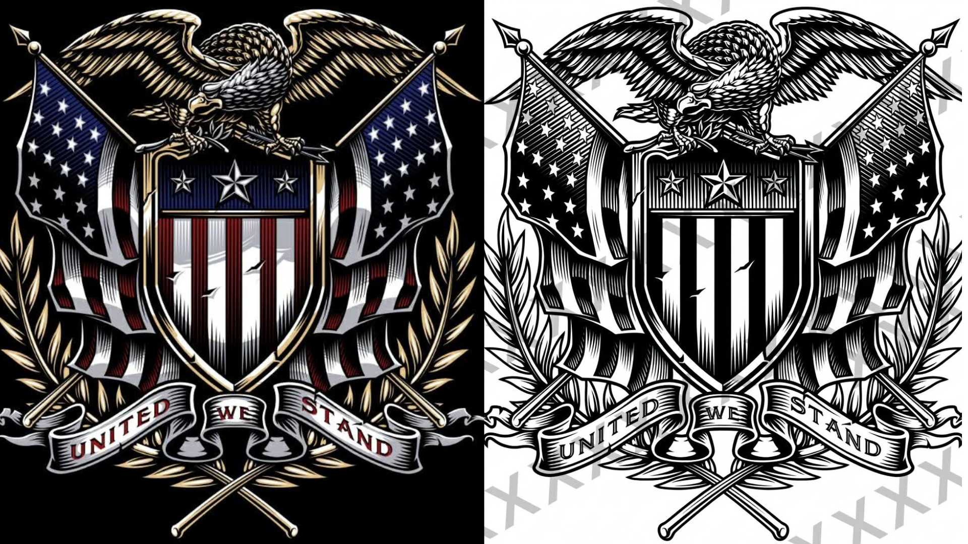 A patriotic American eagle emblem with flags, stars, a shield, and a banner that reads 'United We Stand' with one version in black and another in black and white.