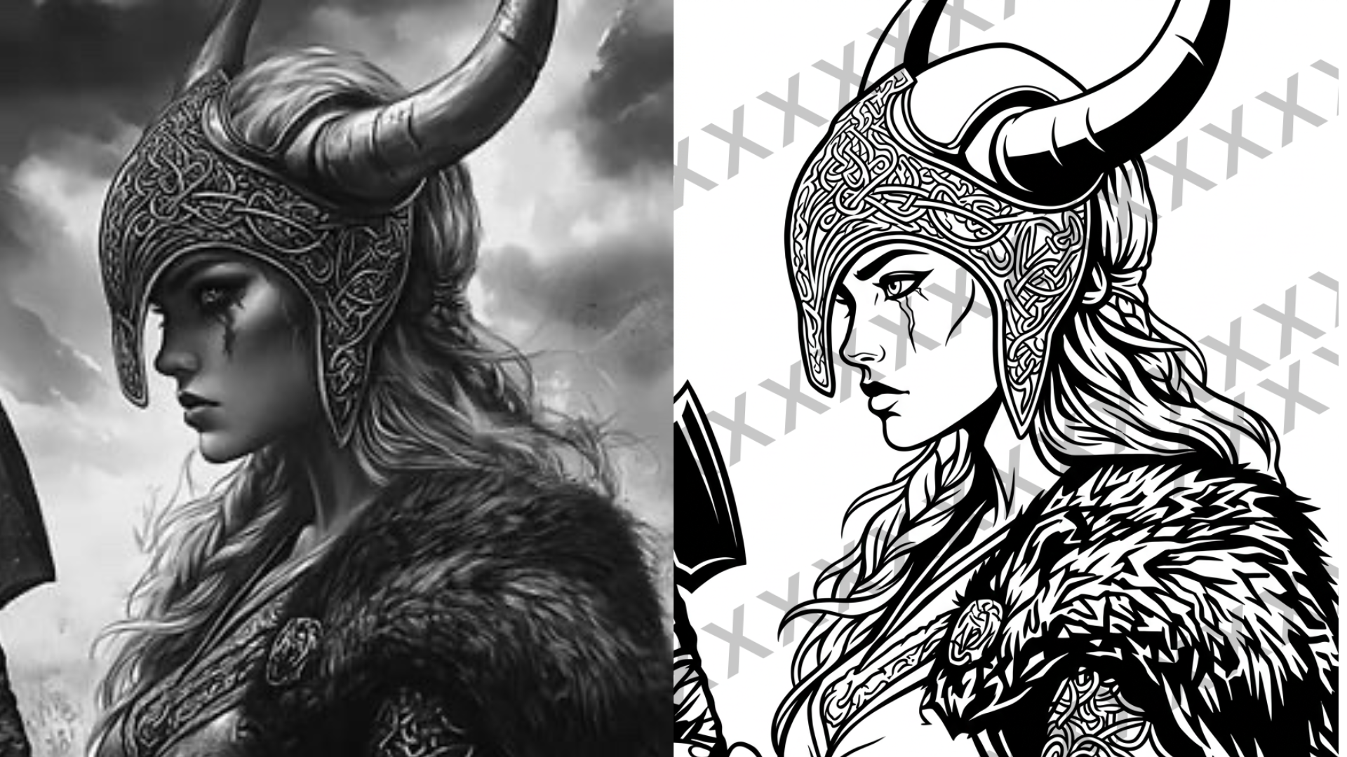 Side profile of a Viking woman wearing a horned helmet with intricate patterns, fur cloak, and holding an axe; black and white digital illustration.