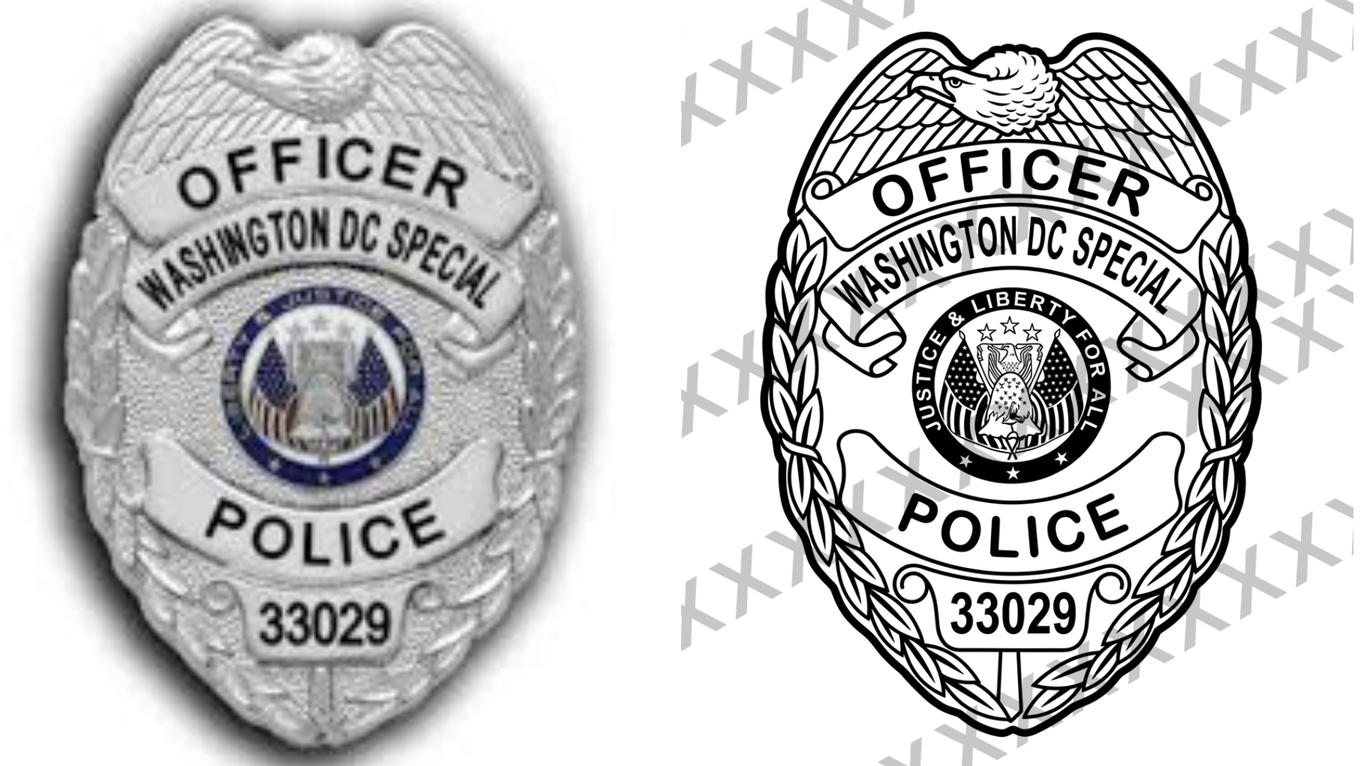 Black and white outline of a police badge with an eagle at the top and the text 'Office Washington DC Special Police' around a central seal that reads 'Justice & Liberty for All' and a badge number 33029 at the bottom.