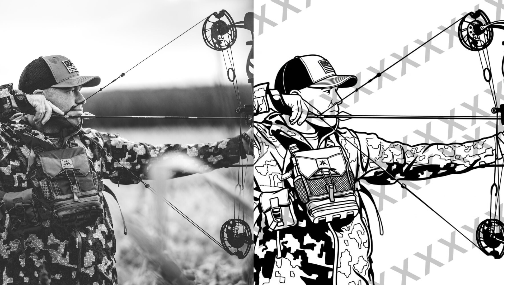 A man in camouflage clothing aiming a bow and arrow during archery practice, with a background of an open field.