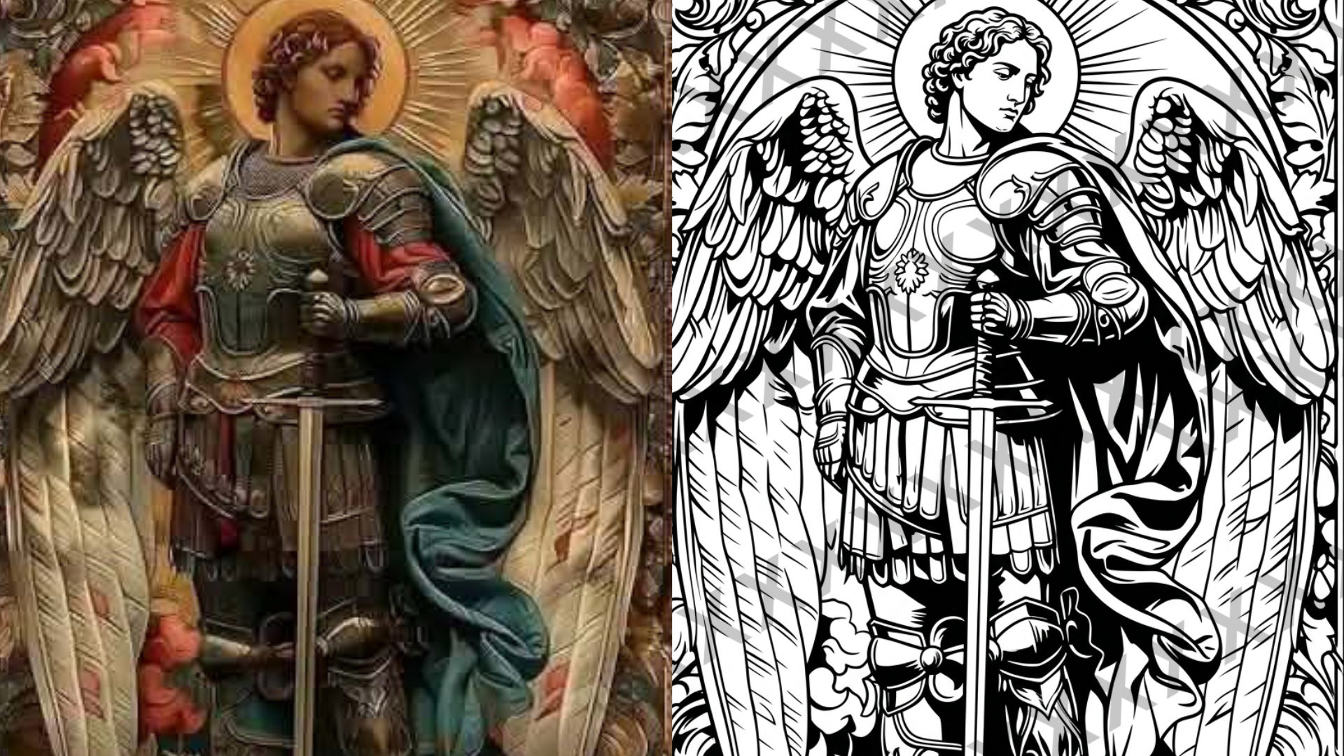 A detailed wooden sculpture and a black-and-white line drawing of a warrior angel with wings, armored attire, and holding a sword.