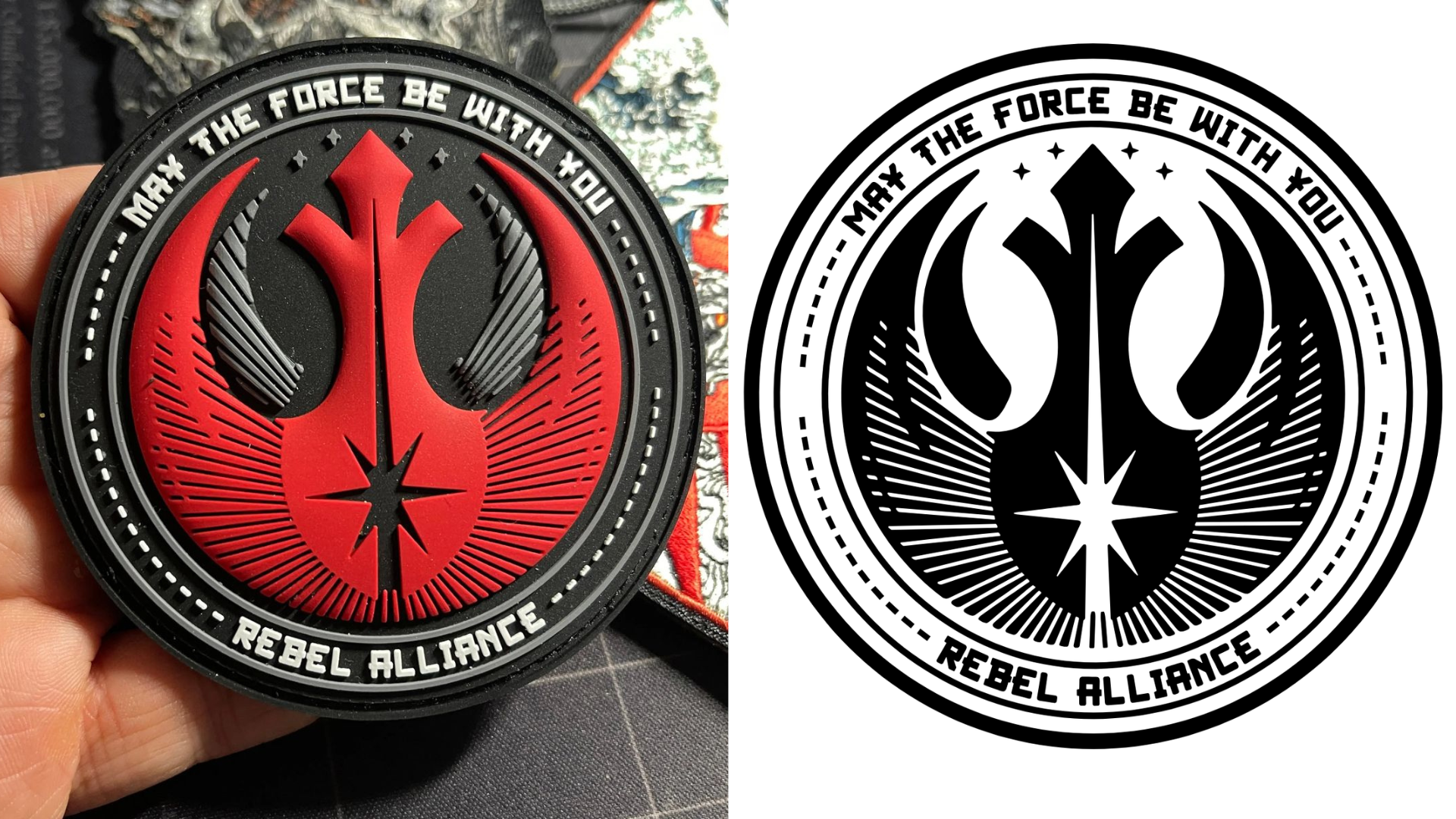 A round patch featuring the Rebel Alliance symbol from Star Wars, with a black and red color scheme, the outer ring reads 'May the Force Be With You' at the top and 'Rebel Alliance' at the bottom.