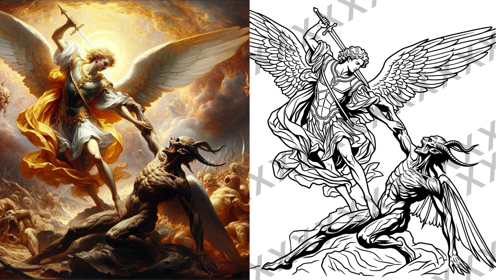 A classical painting of an angel with large wings, golden and white robes, and a sword, fighting a lion among a battlefield of skulls and other fallen creatures, with a dramatic sky in the background. A black and white line drawing of the same scene.