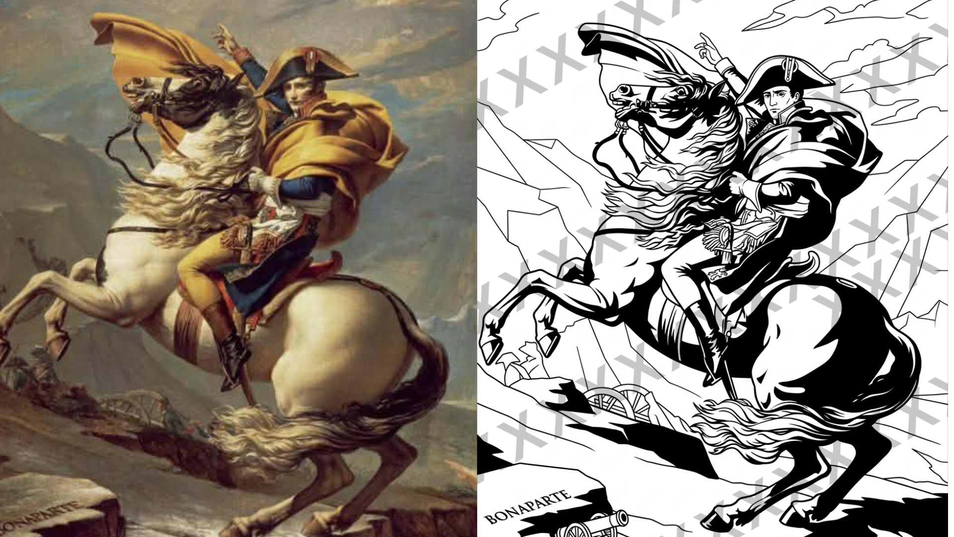 A historical painting of a man in a yellow cloak riding a rearing white horse, set against a cloudy sky landscape.