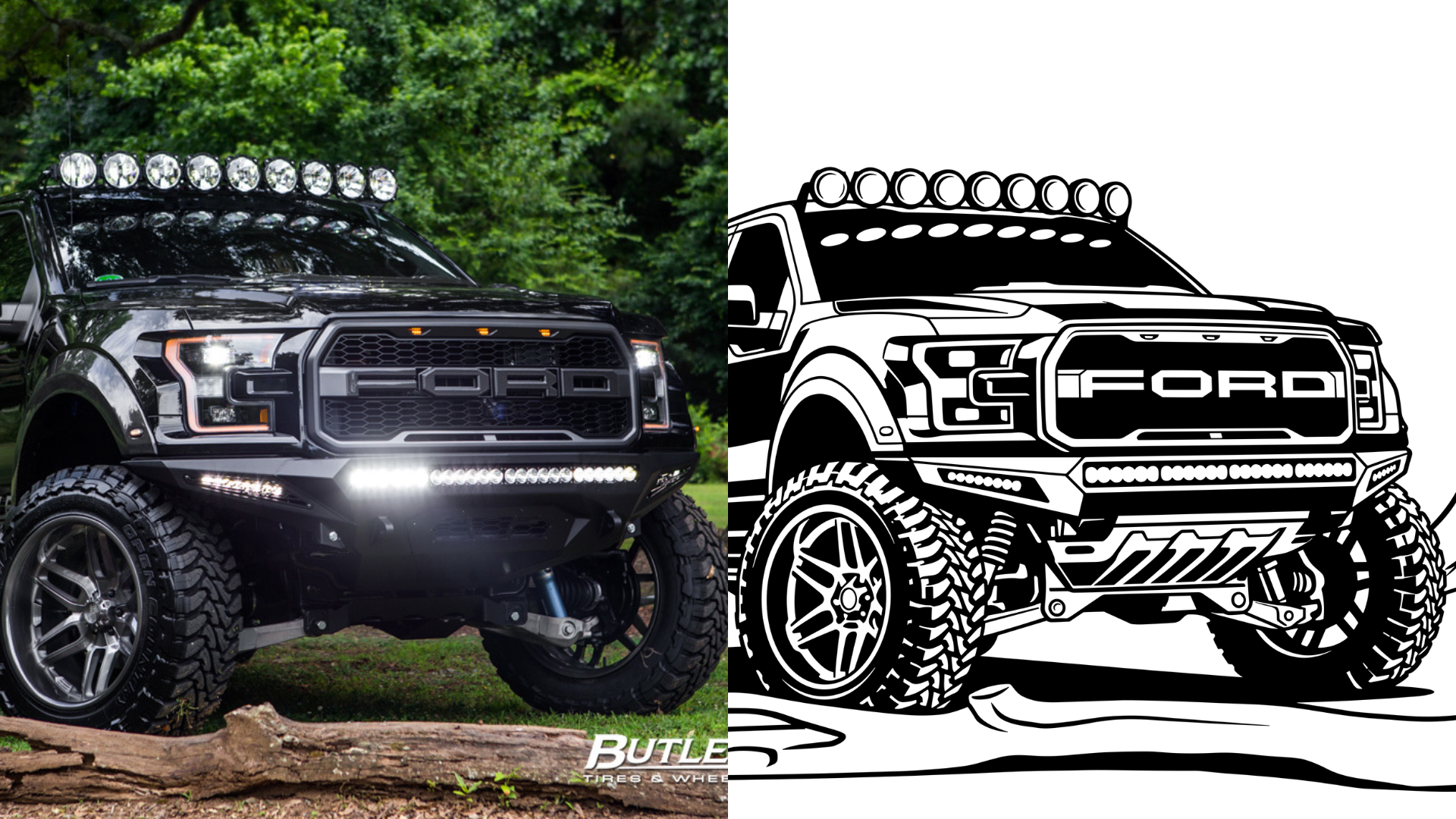 Side-by-side comparison of a black off-road pickup truck, full-color photo on the left and a black and white line drawing on the right.