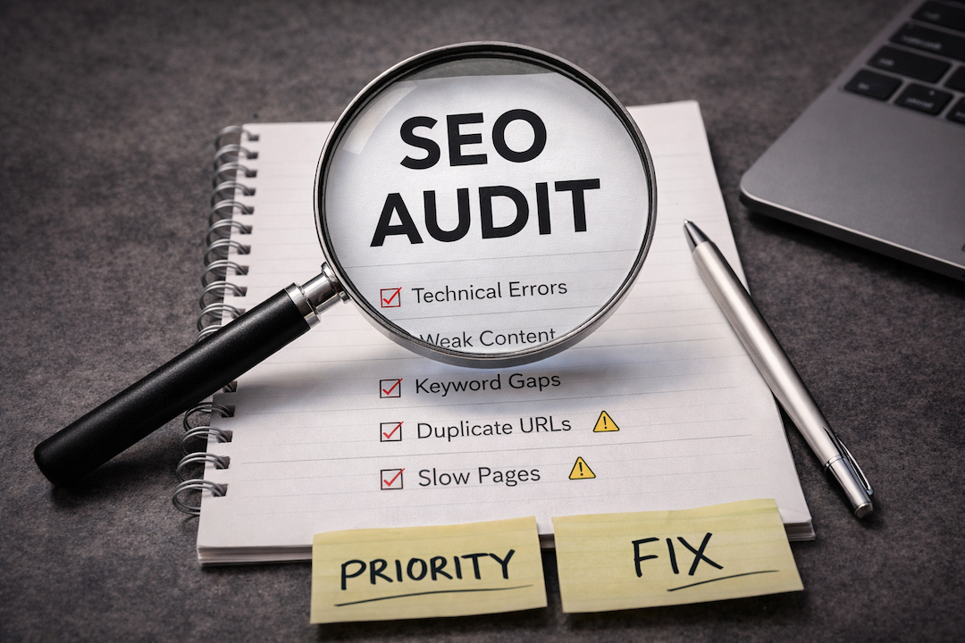 SEO audit checklist with magnifying glass highlighting website issues and technical SEO analysis