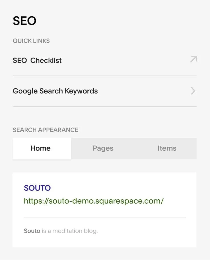 Squarespace search results preview with SEO title and description fields