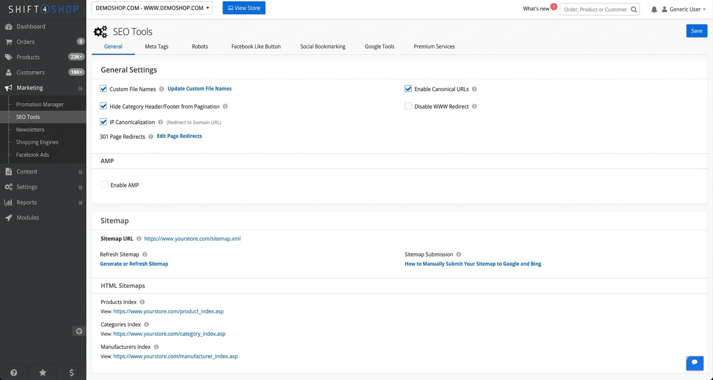Shift4Shop SEO Tools — canonical URLs, custom file names, sitemap, 301 redirects