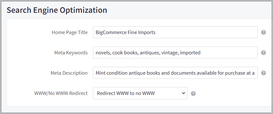 BigCommerce homepage SEO settings — page title, meta keywords, meta description