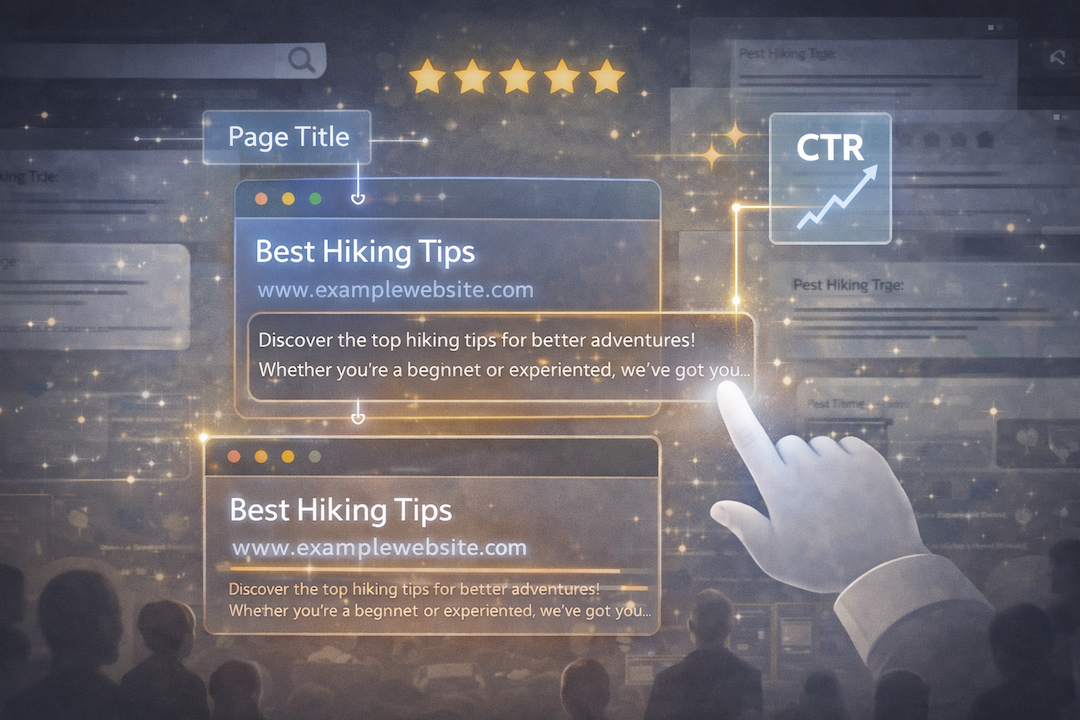 Illustration of search results showing page titles and meta descriptions influencing click-through rate