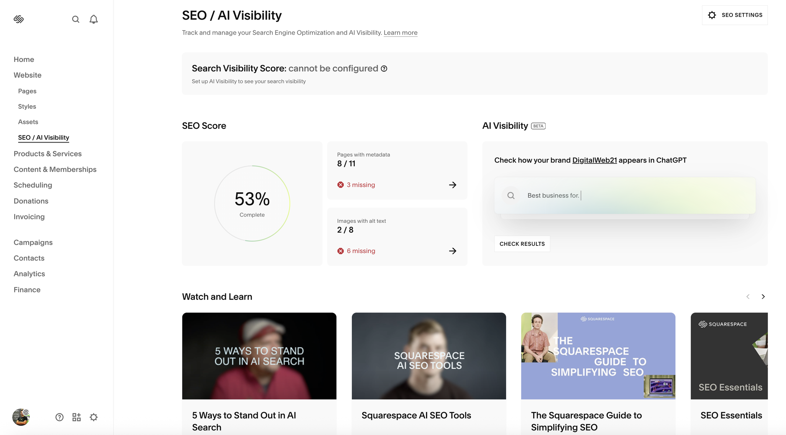 Squarespace SEO and AI Visibility dashboard