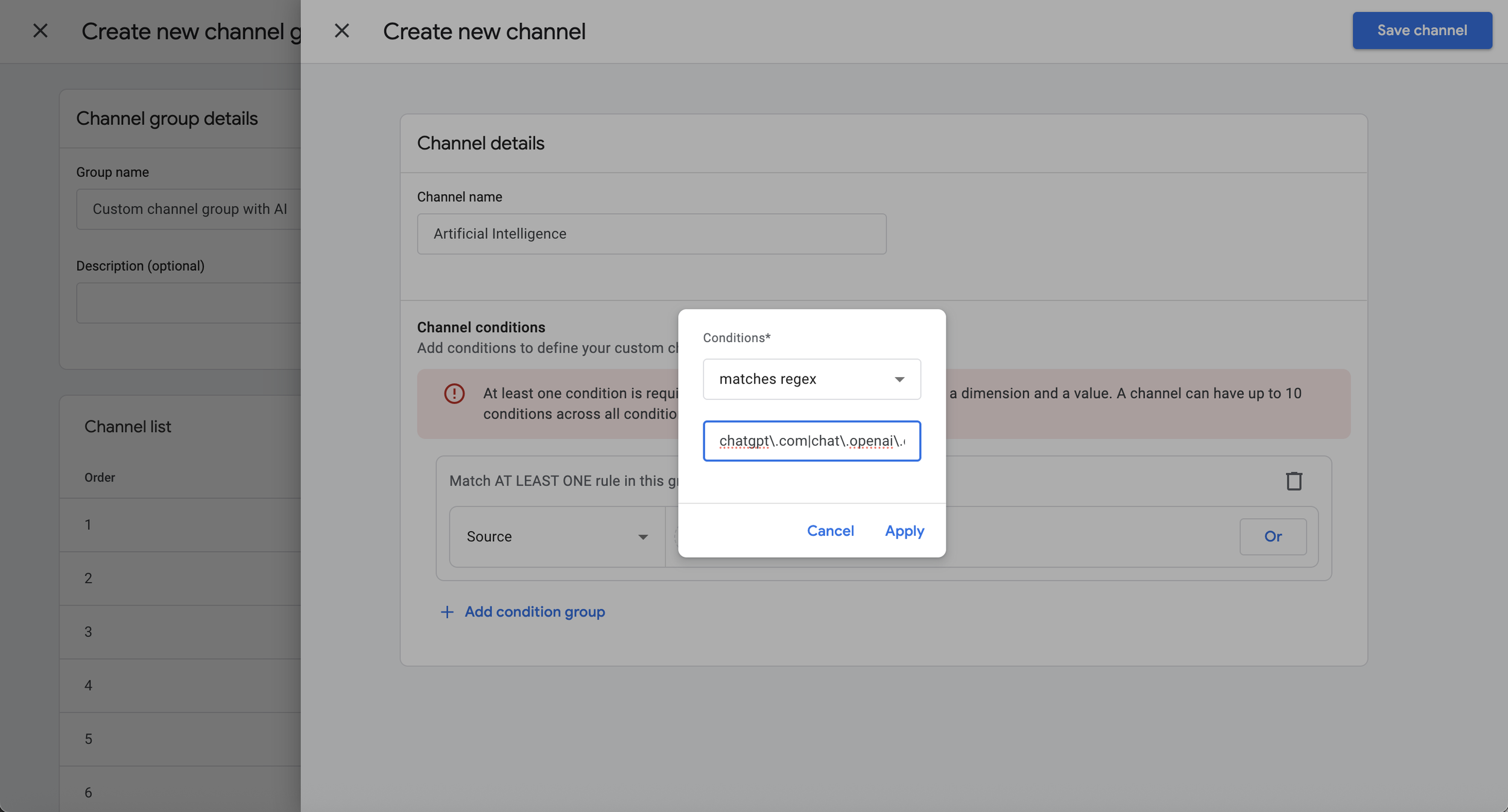 Google Analytics custom channel setup screen showing a regex condition used to group AI assistant traffic sources.