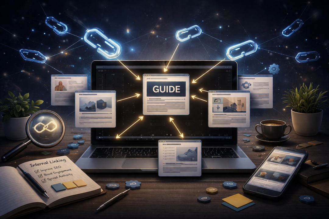 Illustration of internal linking between website pages showing how links connect content and improve SEO