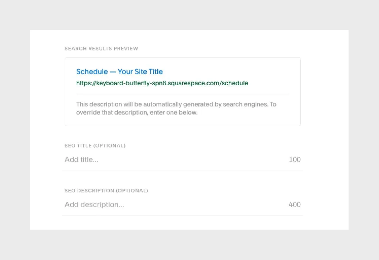 Squarespace per-page SEO settings panel