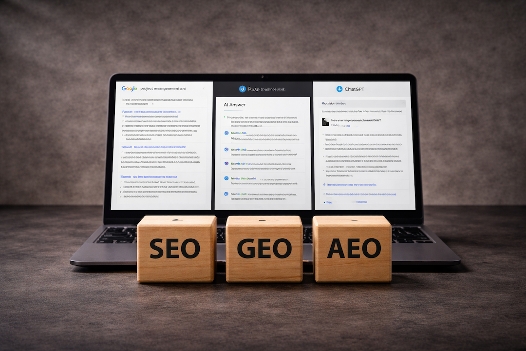 Diagram showing the three channels of modern search visibility: SEO, GEO, and AEO