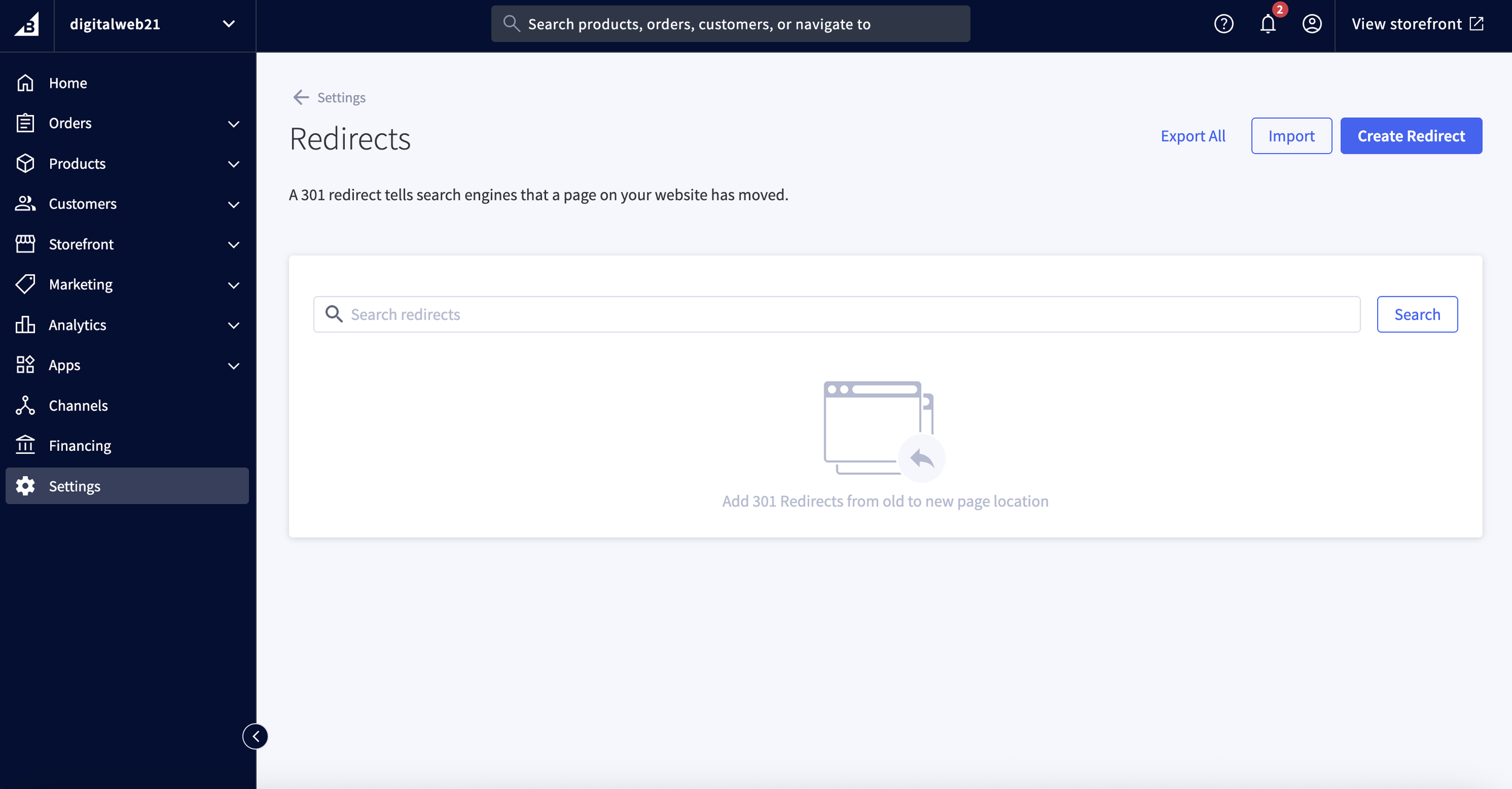 BigCommerce redirects management panel