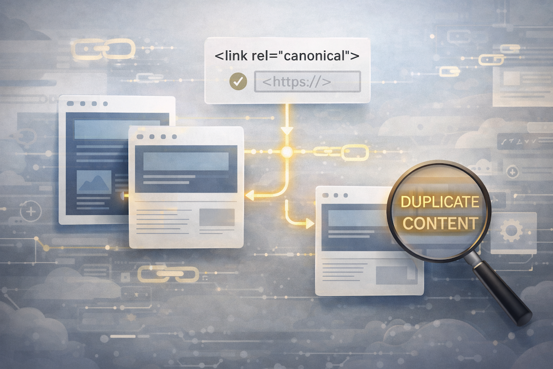 Illustration of duplicate pages connected to a canonical tag showing how SEO resolves duplicate content issues