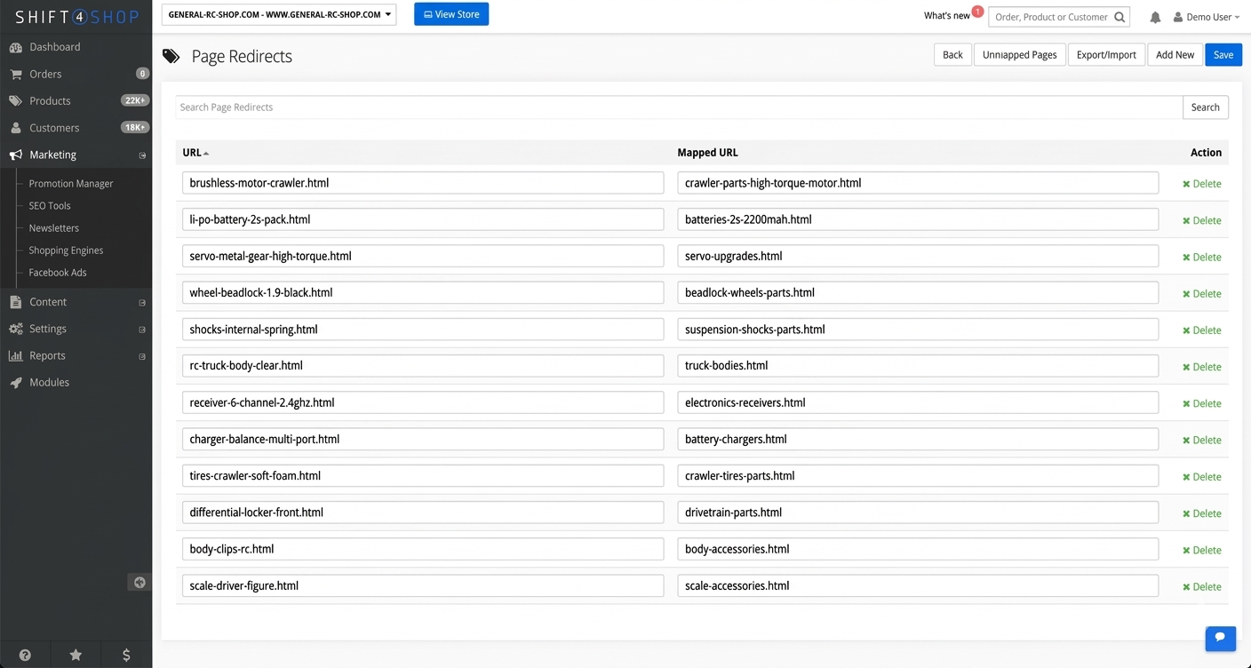 Shift4Shop 301 page redirect management