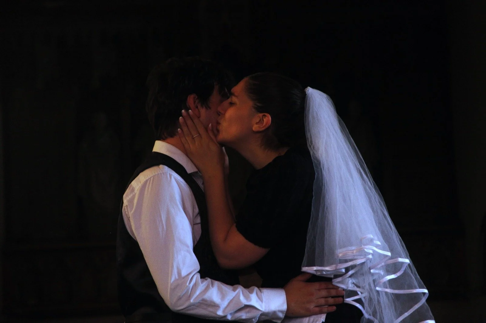 A couple sharing a kiss with the bride wearing a wedding veil.