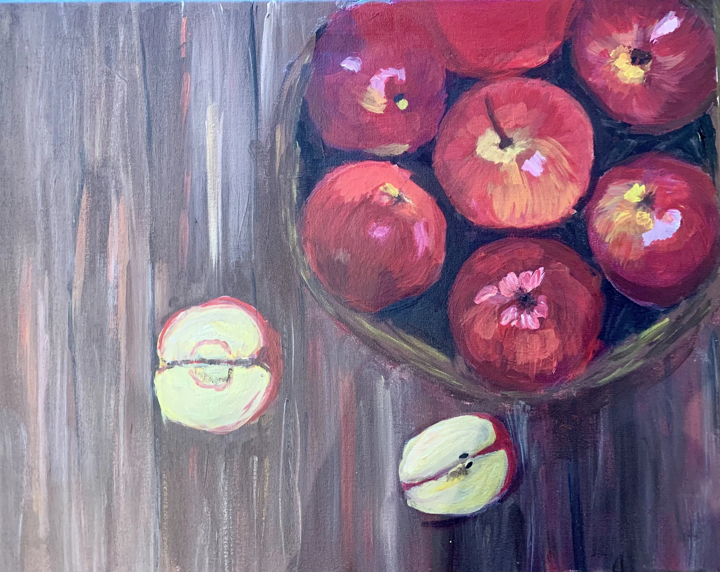 A still life painting featuring a bowl of red apples on a dark surface and two sliced apples on a wooden table.