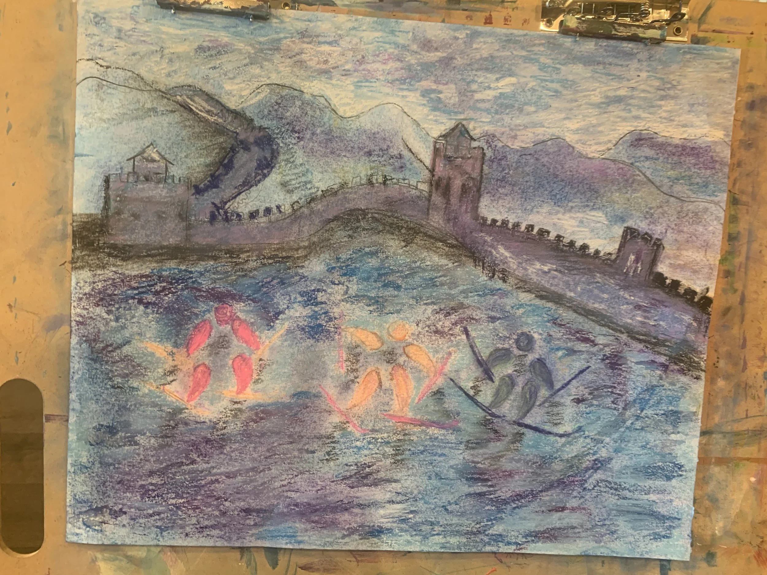 A colorful drawing of two ships in a body of water with a castle and mountains in the background.