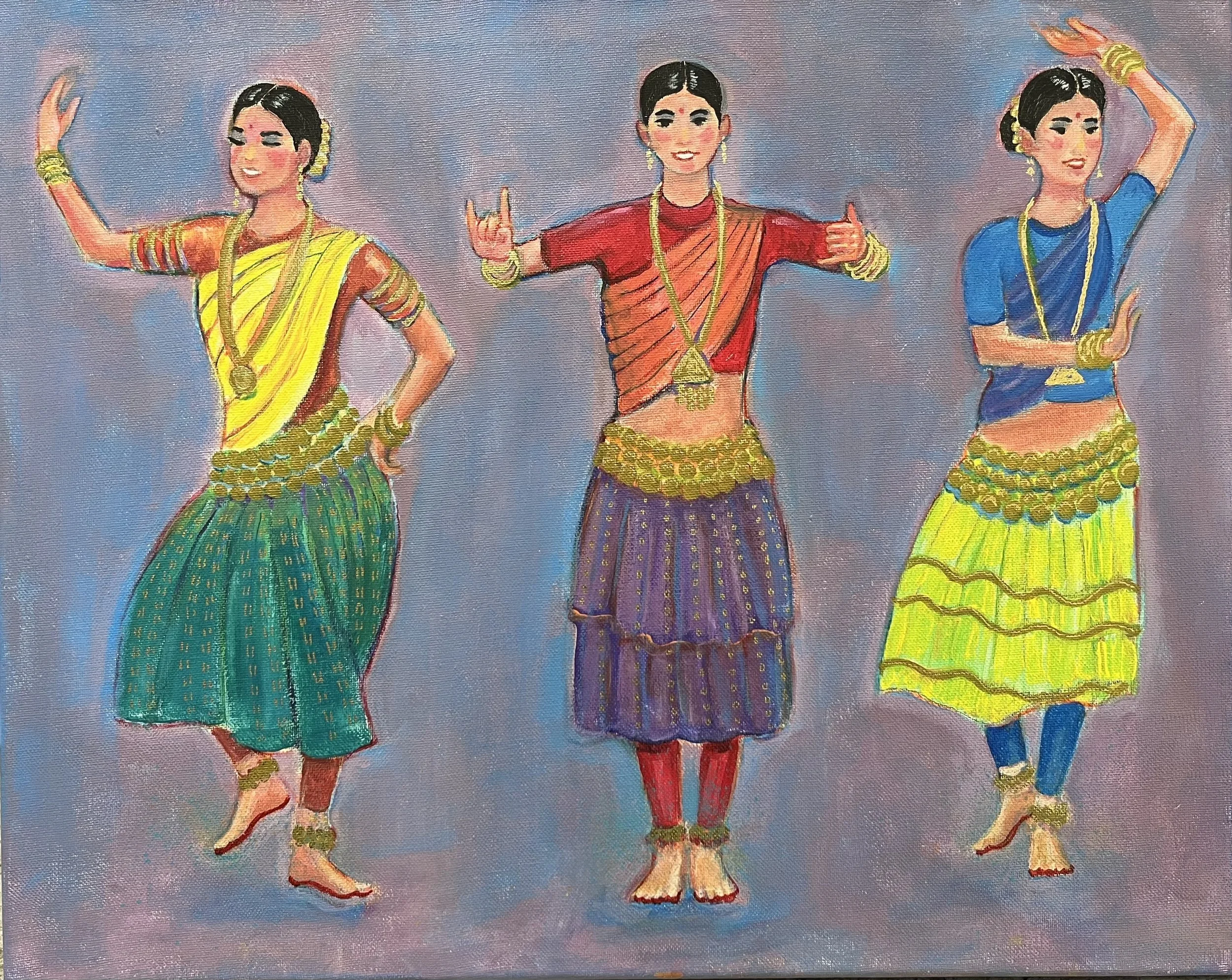 Painting of three women performing a traditional Indian dance, dressed in colorful attire with jewelry, against a plain background.