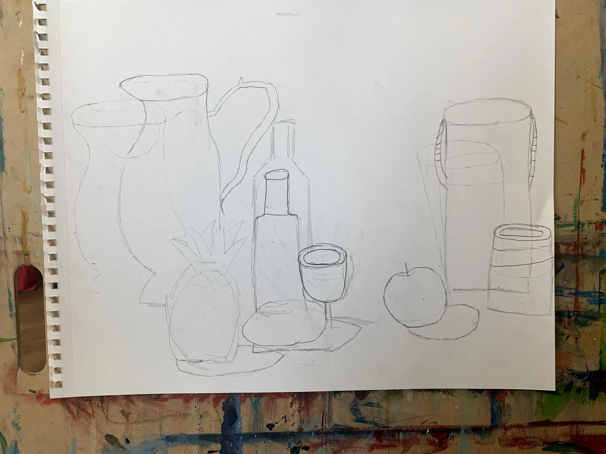 Pencil sketch of various vases, bottles, a pineapple, an apple, an orange, a candle, and glasses arranged on a table.