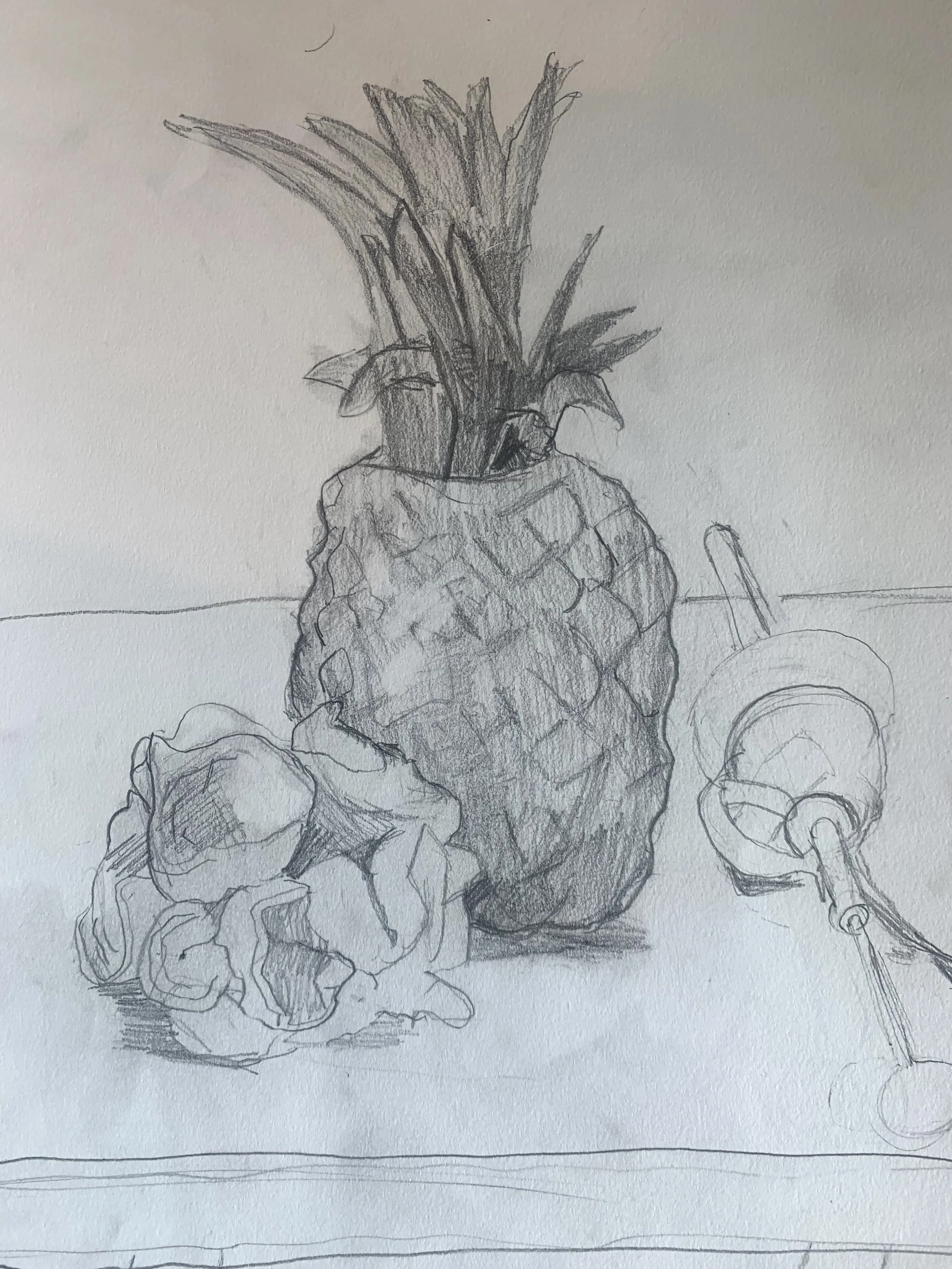 Pencil sketch of a pineapple with leaves, a couple of bell peppers, and a juicer on a flat surface.