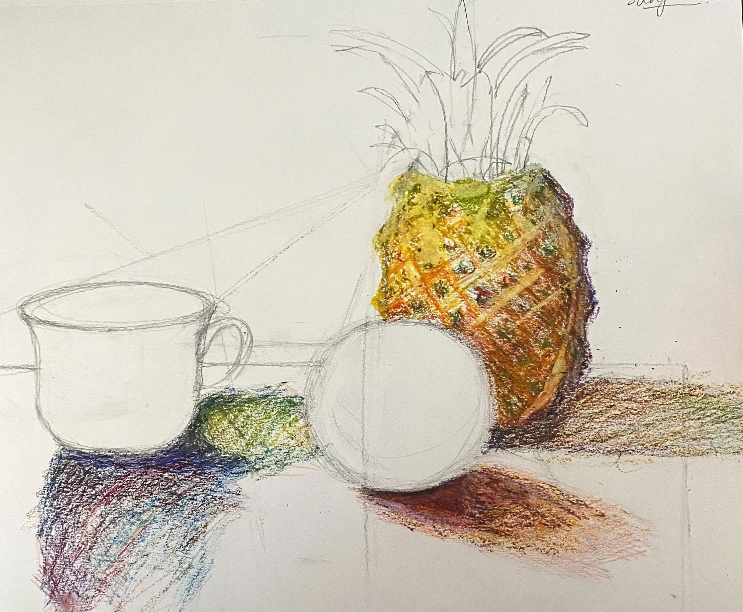 A colored pencil sketch of a pineapple, a cup, and a round fruit on a table, with the pineapple detailed in yellow, orange, and green hues, and the other objects outlined.